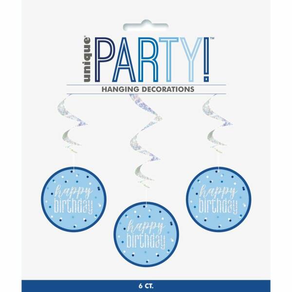 Glitz Blue & Silver Hanging Swirls 32 Inch L Happy Birthday - 6pk