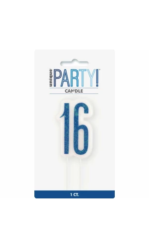 Birthday Blue Glitz Number 16 Numeral Candle