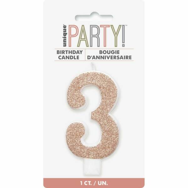 Birthday Rose Gold Glitz Glitter Number 3 Birthday Candle