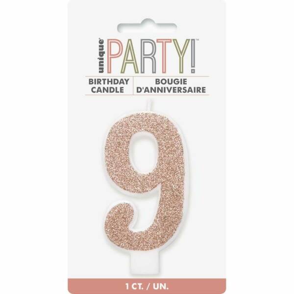 Birthday Rose Gold Glitz Glitter Number 9 Birthday Candle