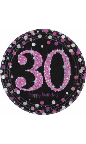30th Pink Sparkling Celebration Paper Plates 22.9cm – 8pk