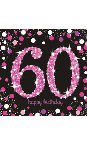 60th Pink Sparkling Celebration Napkins 33cm x 33cm - 16pk