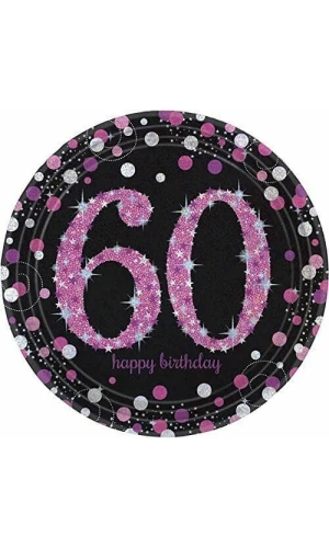 60th Pink Sparkling Celebration Paper Plates 22.9cm – 8pk