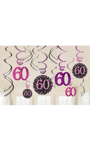60th Pink Sparkling Celebration Hanging Swirl Decorations - 12pk
