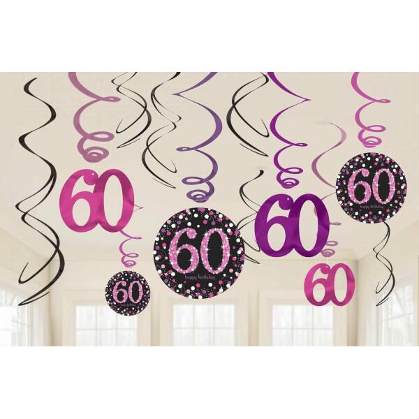 60th Pink Sparkling Celebration Hanging Swirl Decorations - 12pk