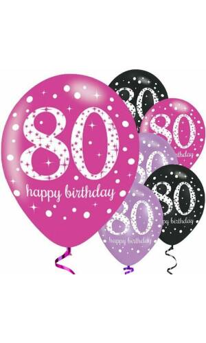 Sparkling Pink Purple& Black Happy 80th Birthday 11" Latex Balloons - 6pk