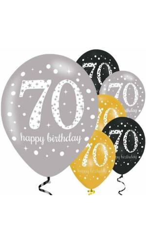 Sparkling Gold Silver& Black Happy 70th Birthday 11" Latex Balloons - 6pk