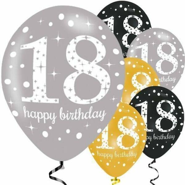 Sparkling Gold Silver& Black Happy 18th Birthday 11" Latex Balloons - 6pk