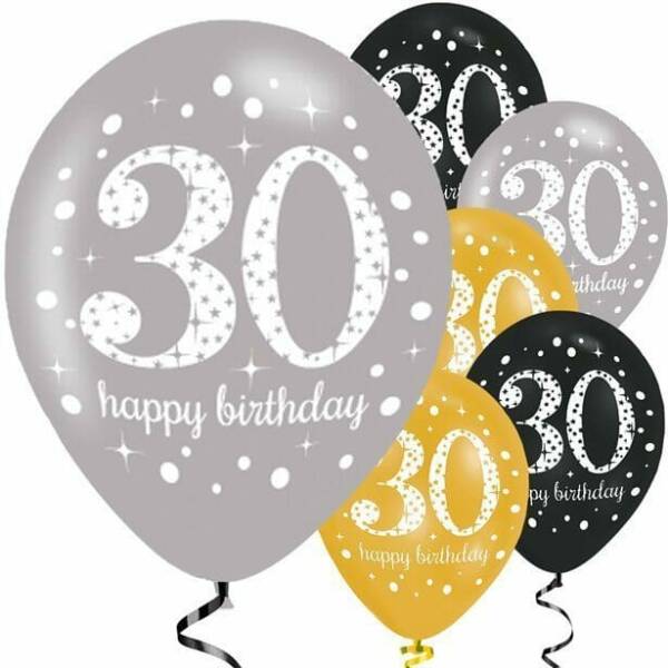 Sparkling Gold Silver& Black Happy 30th Birthday 11" Latex Balloons - 6pk