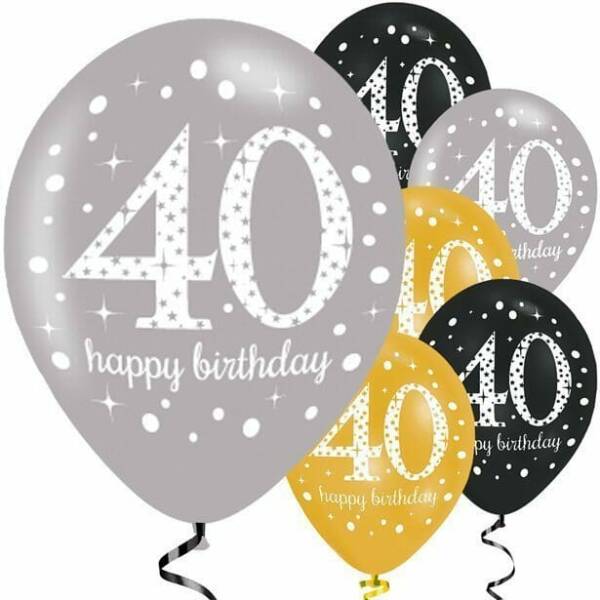 Sparkling Gold Silver& Black Happy 40th Birthday 11" Latex Balloons - 6pk