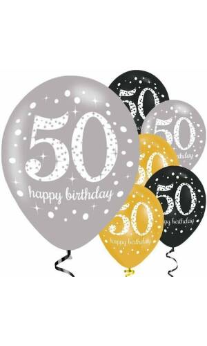 Sparkling Gold Silver& Black Happy 50th Birthday 11" Latex Balloons - 6pk