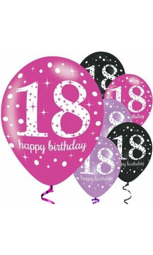 Sparkling Pink Purple& Black Happy 18th Birthday 11" Latex Balloons - 6pk