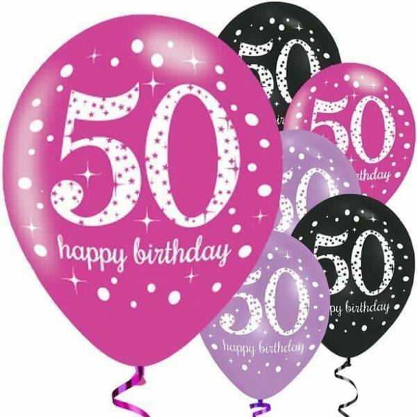 Sparkling Pink Purple& Black Happy 50th Birthday 11" Latex Balloons - 6pk
