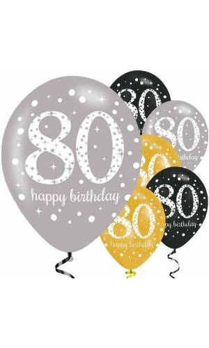 Sparkling Gold Silver& Black Happy 80th Birthday 11" Latex Balloons - 6pk