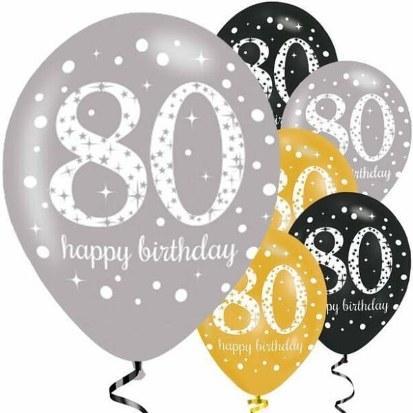 Sparkling Gold Silver& Black Happy 80th Birthday 11" Latex Balloons - 6pk