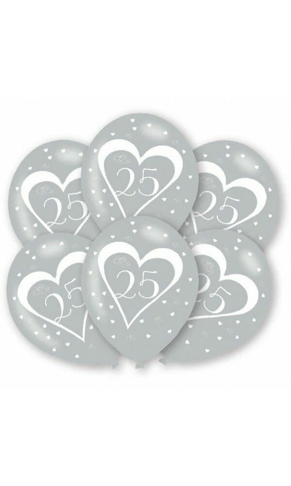 25th Anniversary Silver Latex Printed Balloons 11" - 6pk