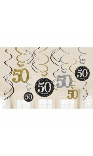 50th Gold Sparkling Celebration Hanging Swirl Decorations - 12pk