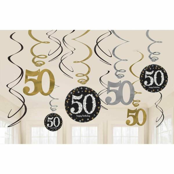 50th Gold Sparkling Celebration Hanging Swirl Decorations - 12pk