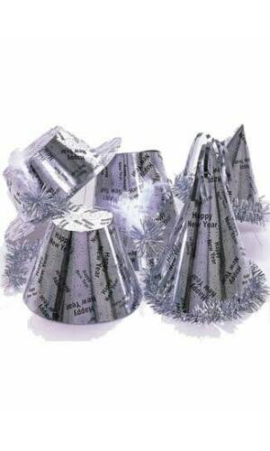 Silver Happy New Year Party Hats (Assorted Designs) - 1pk