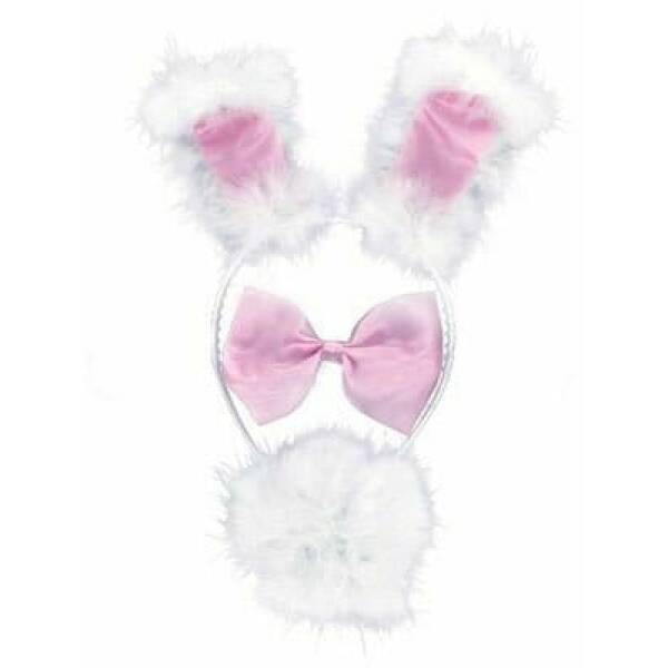 Bunny Set Fluffy Pink & White - Bendy Ears, Bowtie & Tail