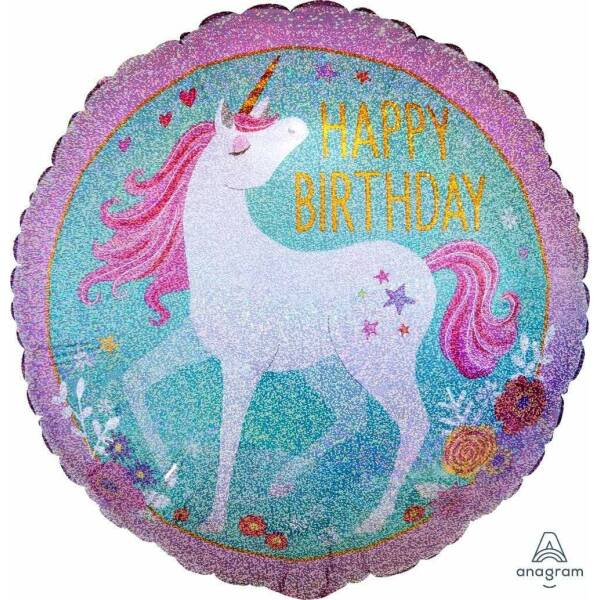 Magical Unicorn Holographic Happy Birthday Round Balloon 18" (45cm)
