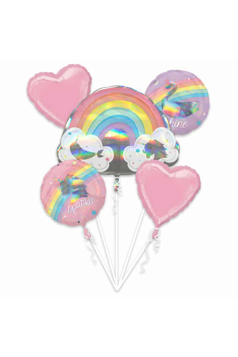 Magical Rainbow Unicorn Holographic Foil Balloon Bouquet - 5pk