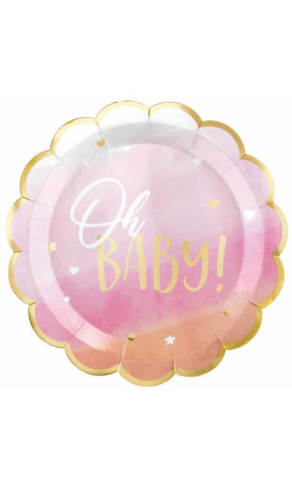 Oh Baby Girl Metallic Scalloped Paper Plates 26.6cm - 8pk