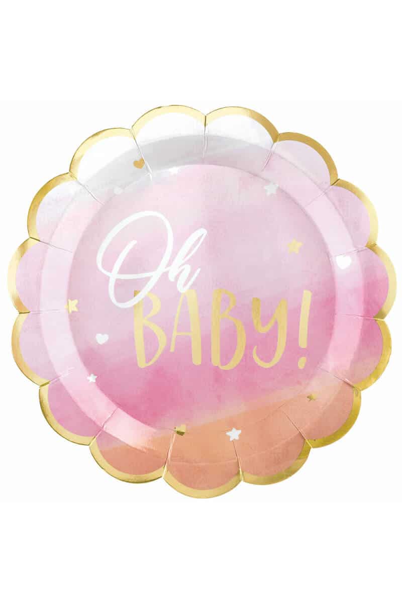 Oh Baby Girl Metallic Scalloped Paper Plates 26.6cm - 8pk