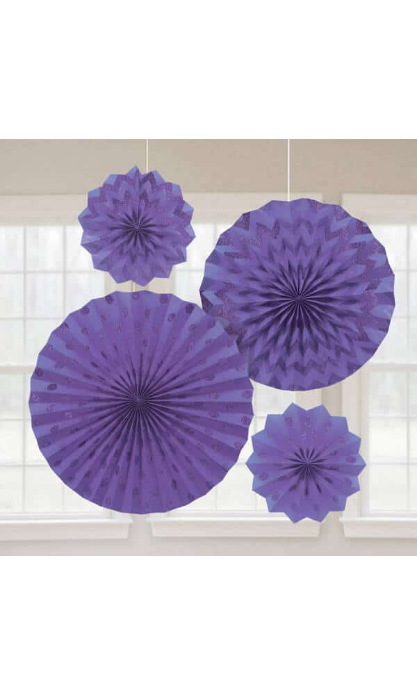 Fan Decorations Glitter New Purple Paper 20.3cm / 30.4cm / 40.6cm  - 4pk