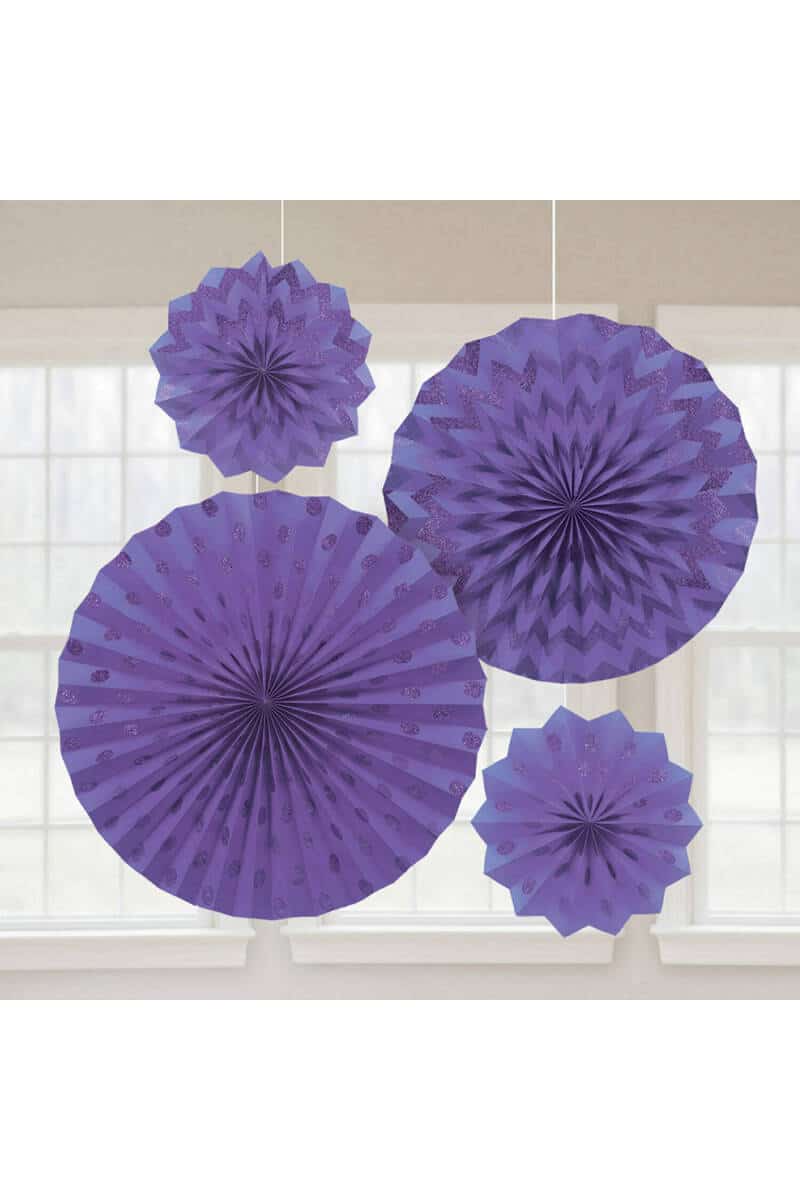 Fan Decorations Glitter New Purple Paper 20.3cm / 30.4cm / 40.6cm  - 4pk