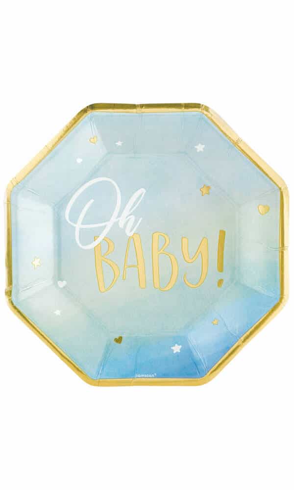 Oh Baby Boy Metallic Octagon Paper Plates 26.6cm - 8pk