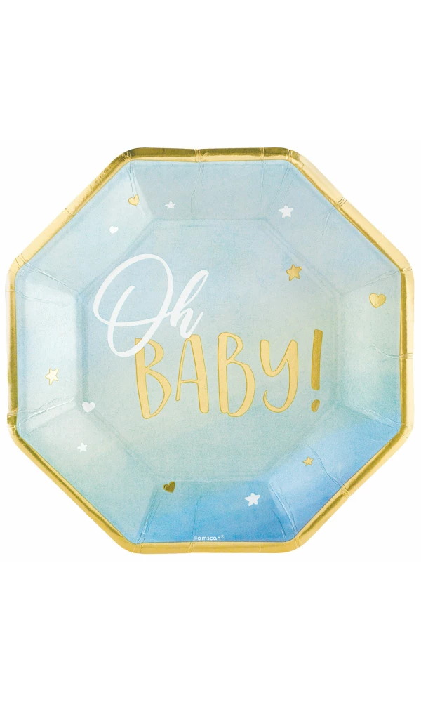 Oh Baby Boy Metallic Octagon Paper Plates 26.6cm - 8pk