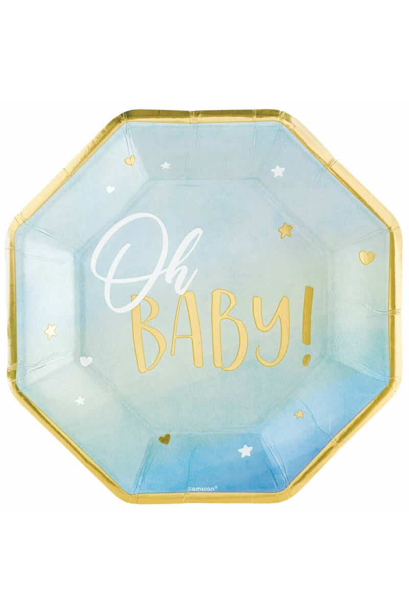 Oh Baby Boy Metallic Octagon Paper Plates 26.6cm - 8pk