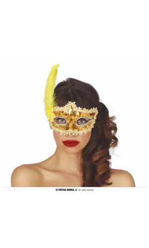 Venetian Gold Mask With Feather - Adult One Size