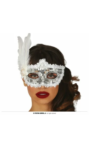 Venetian Silver Mask With Feather - Adult One Size