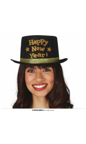 Black Happy New Year Top Hat - Adult One Size
