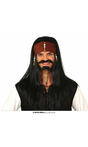 Black Pirate Wig With Bandana - Adult One Size