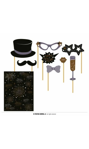 Happy New Year Photo Props with Backdrop - 9pk
