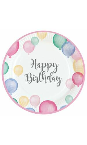 Happy Birthday Pastel Round Paper Plates 23cm - 8pk