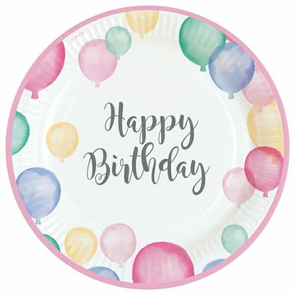 Happy Birthday Pastel Round Paper Plates 23cm - 8pk