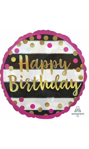 Holographic Pink & GoldHappy Birthday Foil Balloon - 17"/43cm