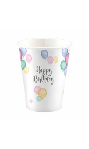 Happy Birthday Pastel Paper Cups 250ml - 8pk