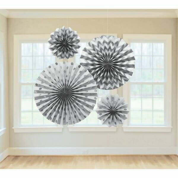 Fan Decorations Glitter Silver Paper 20.3 cm / 30.4 cm / 40.6 cm - 4pk