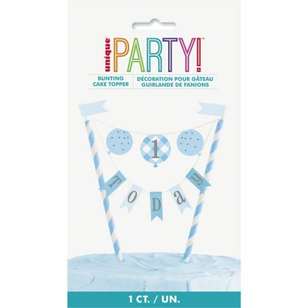 Blue Gingham 1st Birthday Bunting Cake Topper