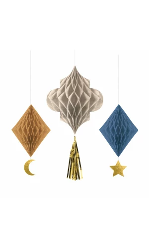 Eid Ramadan Hanging Decoration (Honeycomb with Tassel) - 3pk