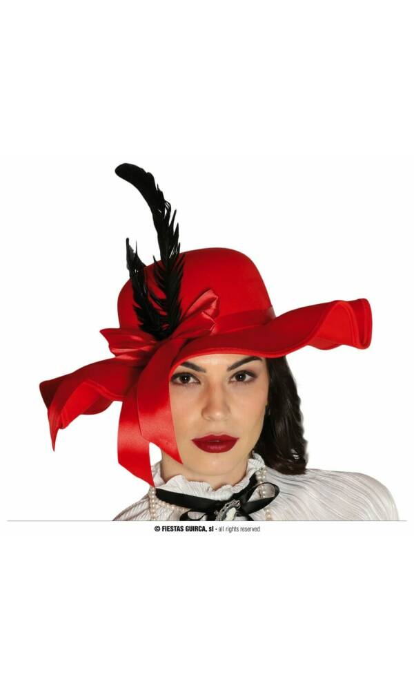 Red Pamela Hat With Feathers - Adult One Size