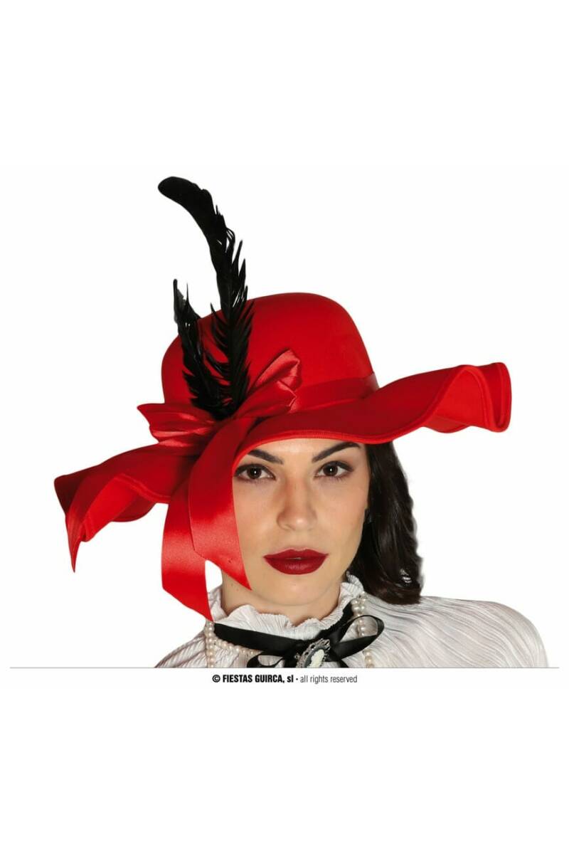 Red Pamela Hat With Feathers - Adult One Size