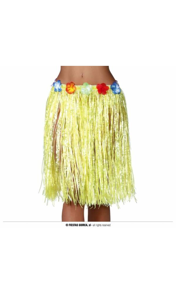 Hawaiian Skirt With Flowers 55cm - Yellow