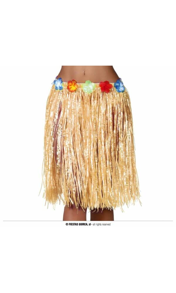 Hawaiian Skirt With Flowers 55cm - Straw