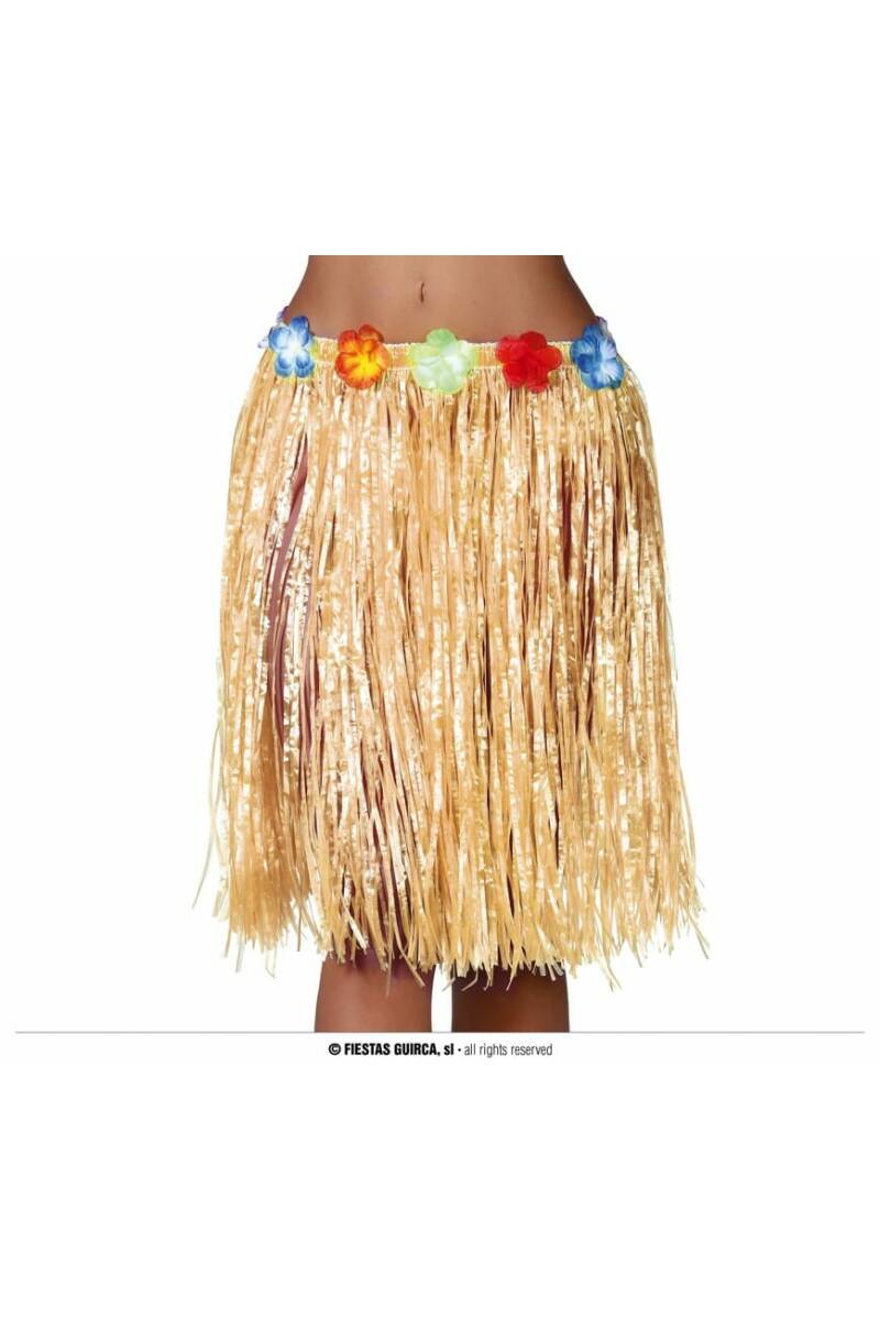 Hawaiian Skirt With Flowers 55cm - Straw